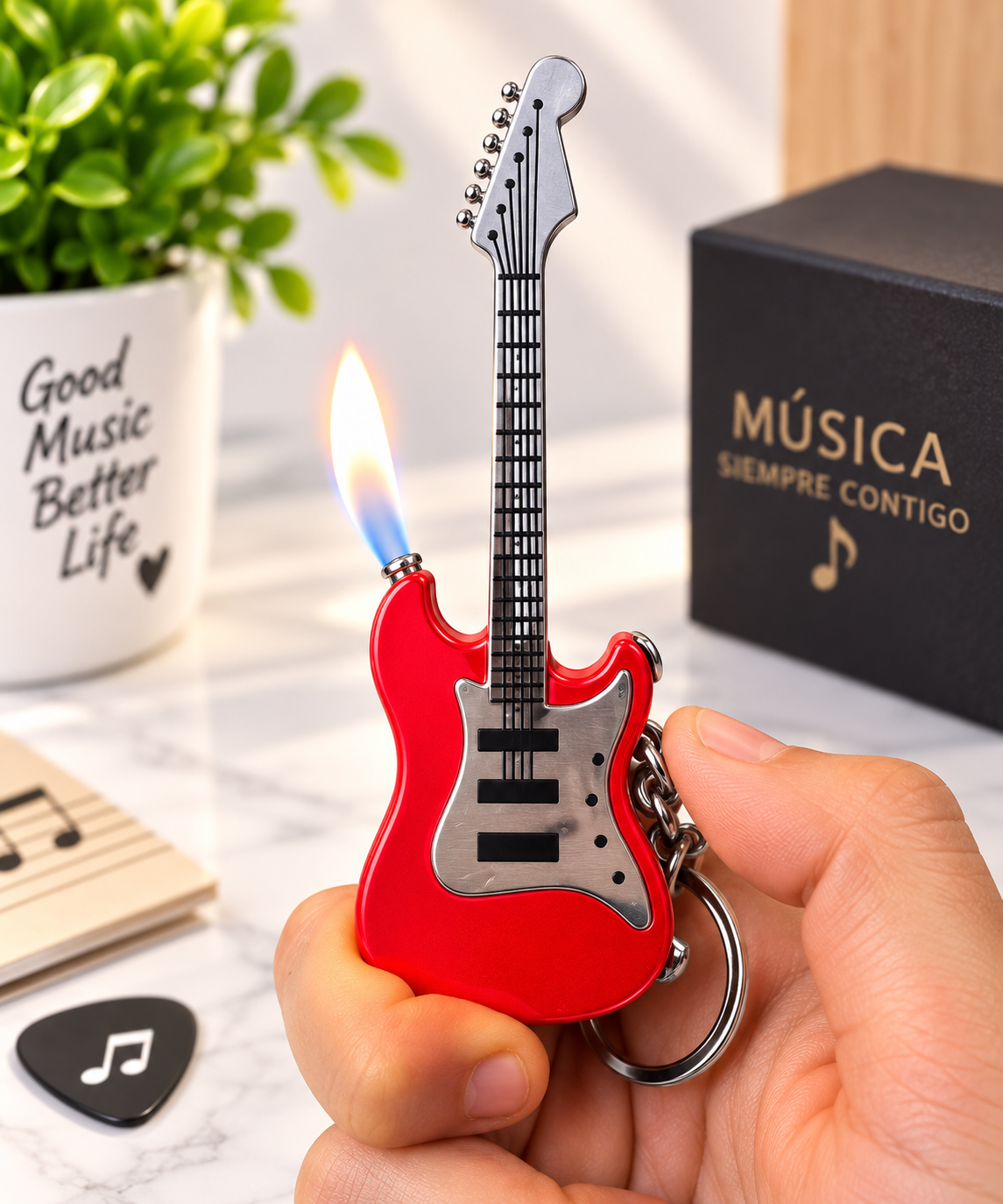 Encendedor de gas butano tipo guitarra llavero