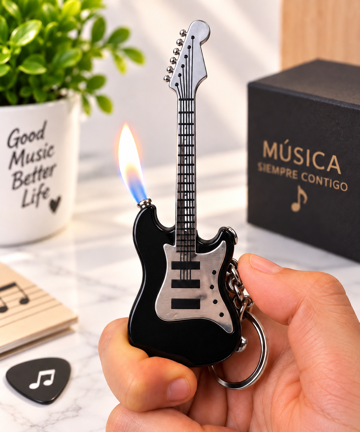 Encendedor de gas butano tipo guitarra llavero