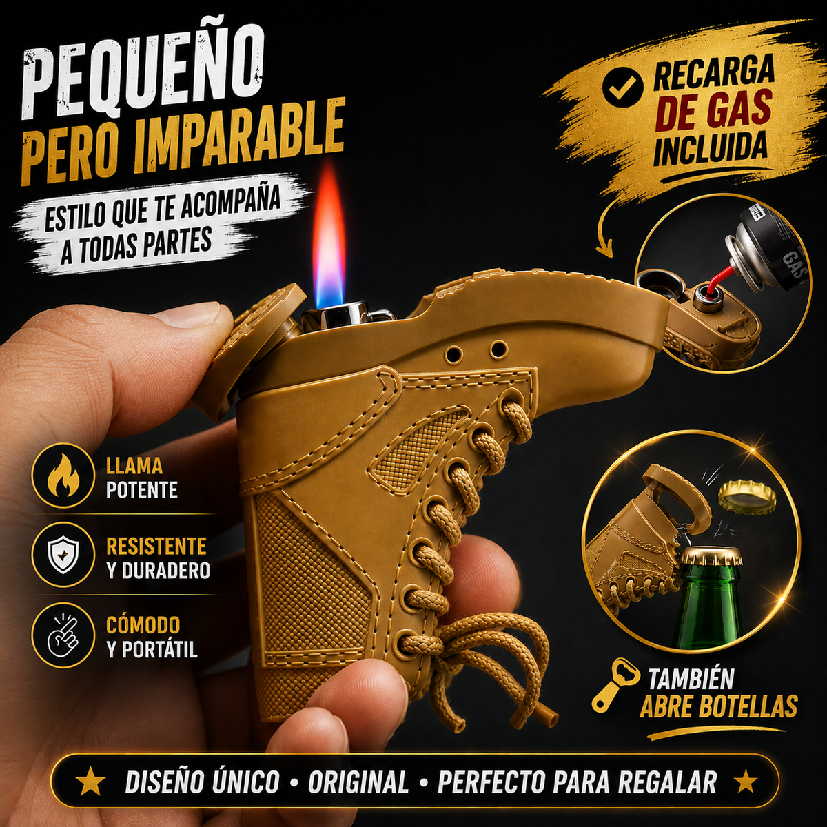 Encendedor de gas butano tipo bota con abrelatas